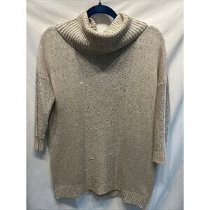 Belldini Women’s Lg Oatmeal Sparkle Cowl Neck Sweater Sequin Boho Old Money